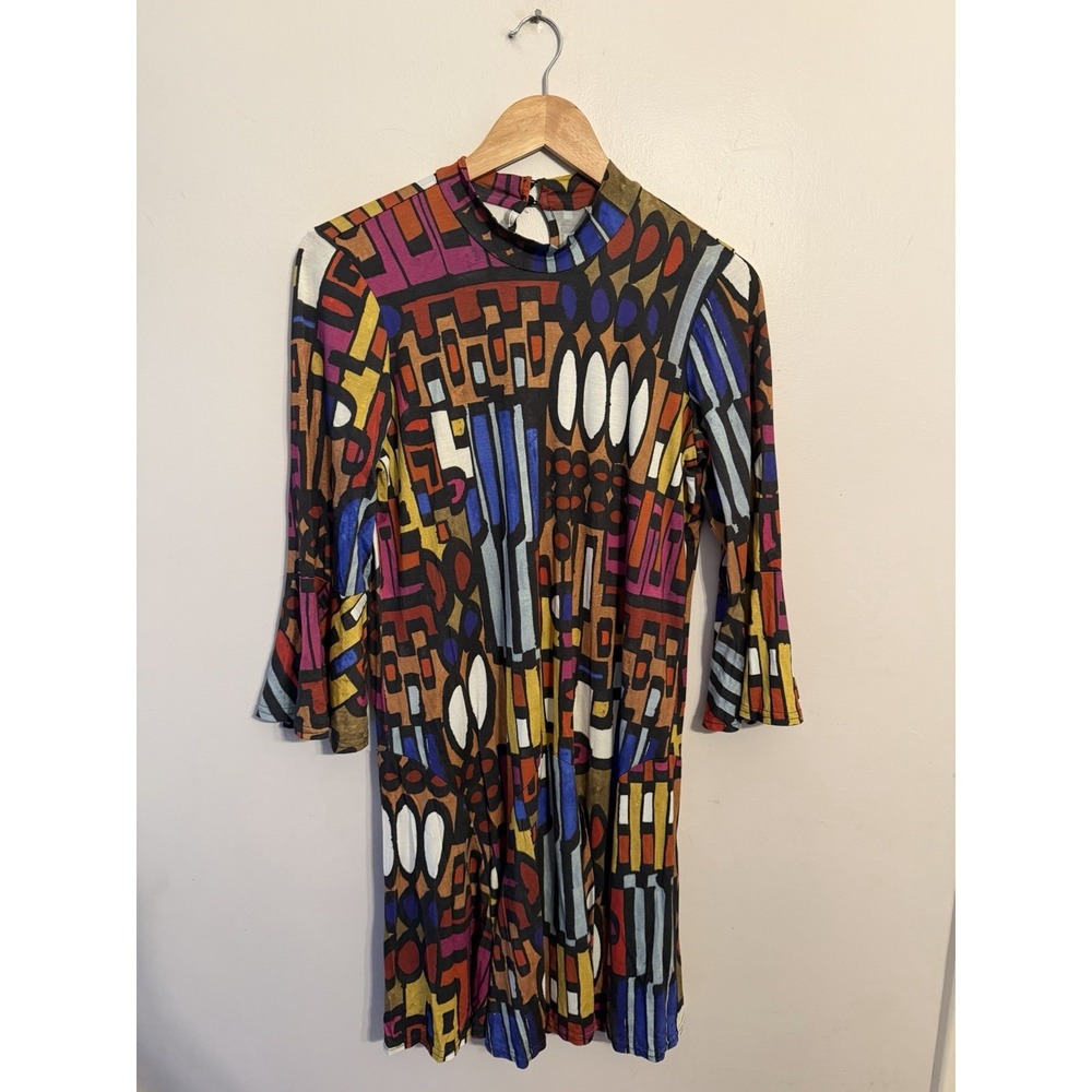Uncle Frank Women's Mock Neck Shift Dress 3/4 Bell Sleeves Retro Colorful Large